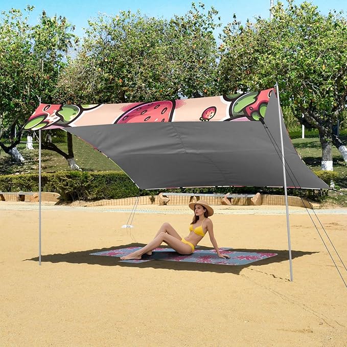ALAZA Frog Strawberry Beach Tent Sun Shelter UPF50+ Protection Beach Shade Canopy w/ 4 Sandbags for Outdoor Camping Fishing Backyard Fun Picnic 10x9 ft