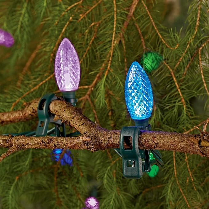 C9 LED Quick Clip Christmas Lights | Built-in Clip-One String Lights | 24 Purple Blue Green Bulbs | 16inch Foot Strand