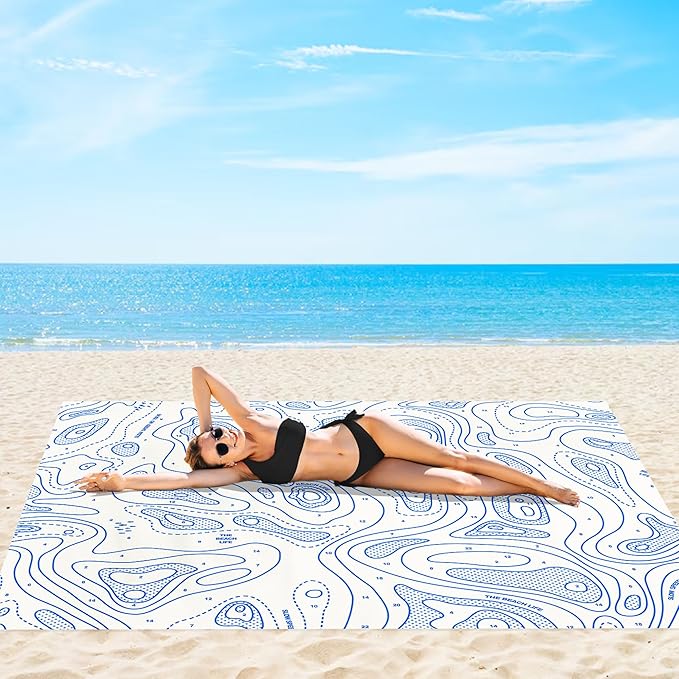 110''×118'' Oversized Beach Blanket for 4-8 Adults White Waterproof Sandproof Picnic Blanket Lightweight Foldable Sand Free Outdoor Mat w/ 4 Stakes &amp Portable Carry Bag for Travel Camping Hiki