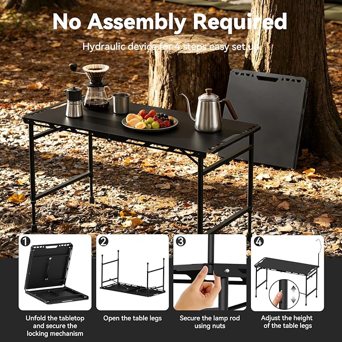 3.4 Ft Folding Camping Table - 12 lb Lightweight Portable Picnic Table with Adjustable Height &amp Carry Handle - Large Folding Table for Outdoor BBQ Beach Hiking &amp Home (Black)
