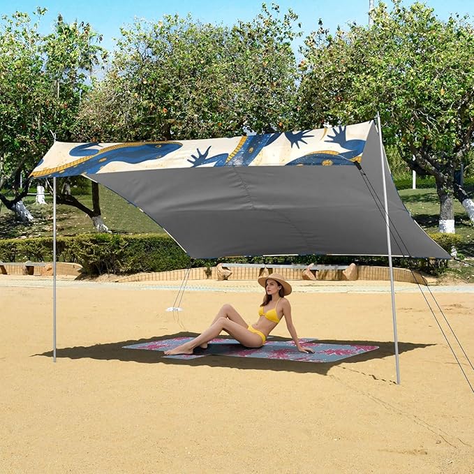 Lizard Pattern Beach Tent Sun Shelter 9.2' x 10.5' Beach Canopy with 4 Sandbags 4 Stability Poles Sand Shovels - Tent Canopy for Beach Camping Fishing Picnics