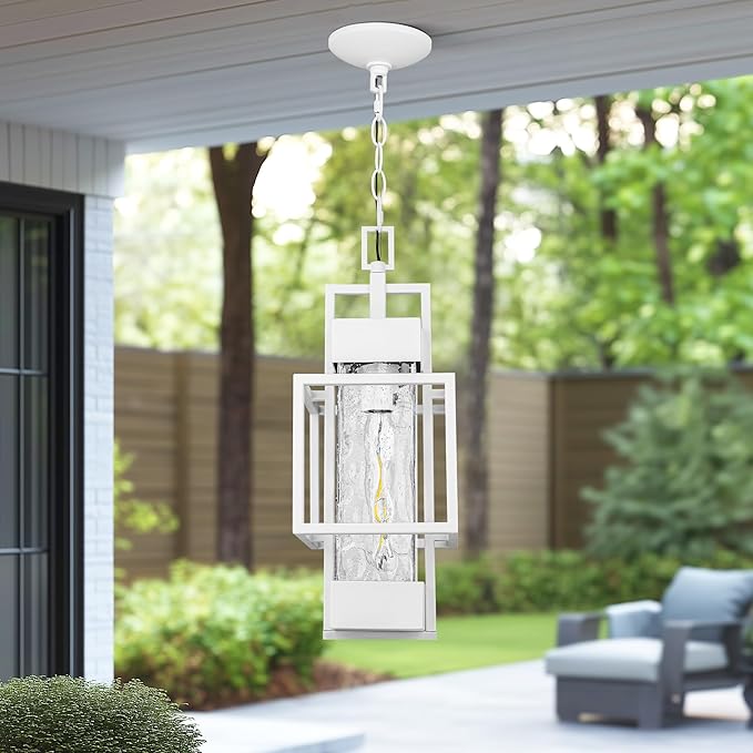 PARTPHONER 15 Outdoor Indoor Pendant Light Exterior Hanging Lantern Modern Metal Outside Chandelier Light Fixture Ceiling Mount with Water Glass for Front Porch Entrance Foyer Entryway White