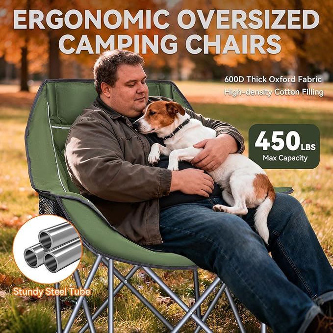 Heated Oversized Camping Chair for Adults Portable Folding Padded Chair with 3 Heat Levels Cup Holder Side Pocket and Carry Bag for Camping Outdoor Sports Picnic Lawn Supports up to 450lbs