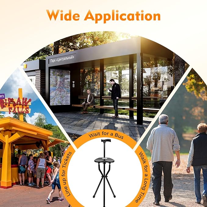 2-in-1 Walking Cane with Seat Cane Stool Crutch ChairPortable Folding Walking Stick Cane Chair Lightweight Sturdy Tripod Cane Stool for ElderlyMenWomenMax Load 249.12lbs