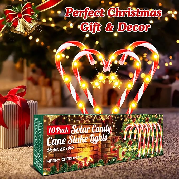 WdtPro 10-Pack Upgraded Solar Christmas Candy Cane Lights Solar Pathway Lights Waterproof Christmas Decorations Outdoor with 10 Modes and Bright 60 LED for Yard Garden Lawn Patio Party Decor