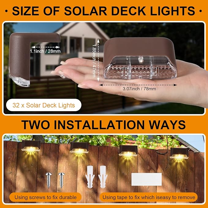 Geelin 32 Pcs Solar Deck Lights Outdoor Waterproof LED Solar Step Fence Lights for Stairs Step Railing Patio Driveway Garden Pathway and Yard(Brown Shell Warm White Light)