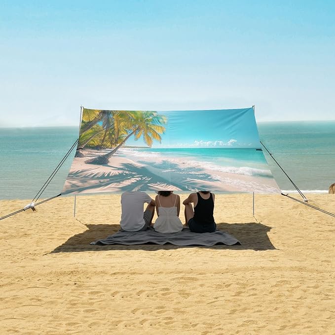 Beach with Palm Trees Beach Tent Sun Shelter 9.2' x 10.5' Beach Canopy with 4 Sandbags 4 Stability Poles Sand Shovels - Tent Canopy for Beach Camping Fishing Picnics