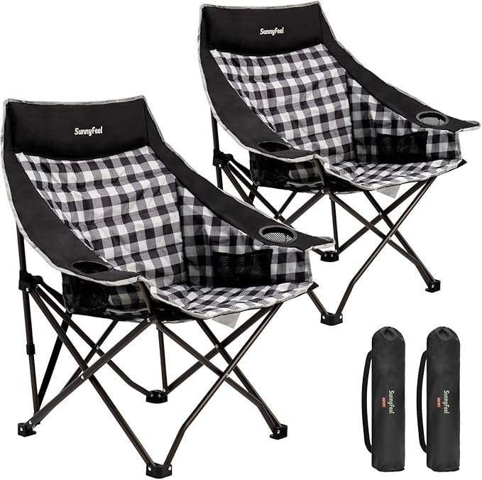 SUNNYFEEL 2 Pack Heavy Duty Camping Chairs for Adults Portable Oversized Folding Chair with Side Pockets &amp Cup Holde for FishingTripPicnicLawnConcert Outdoor Carry Bag Included