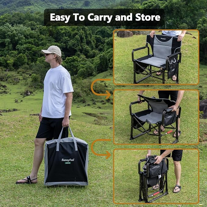 SUNNYFEEL Oversized Camping Directors Chair Black Portable Folding Chair for Adults Support 600lbs with Side Pocket and Side Table for Beach Fishing Trip Picnic Lawn Outdoor Foldable Camp Chairs