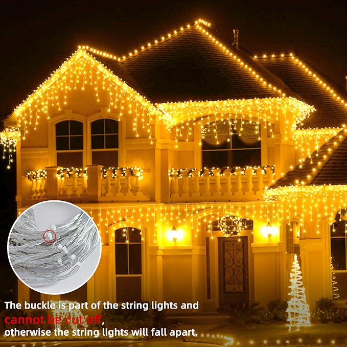 Christmas Outdoor Icicle Lights - 480 LED 66+33 FT 8 Modes Curtain Fairy String Light Plug in Waterproof for Eaves Yard Holiday Xmas Holiday Indoor Outdoor Decoration - Warm White
