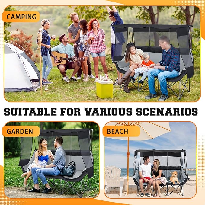 3 Person Camping Chair with Canopy Shade 700lbs Heavy Duty Oversized Beach Camping Chair with Thick Cushion Cup Holder and Carry Bag Foldable Portable Sofa for Lawn Beach Outdoor(Black)