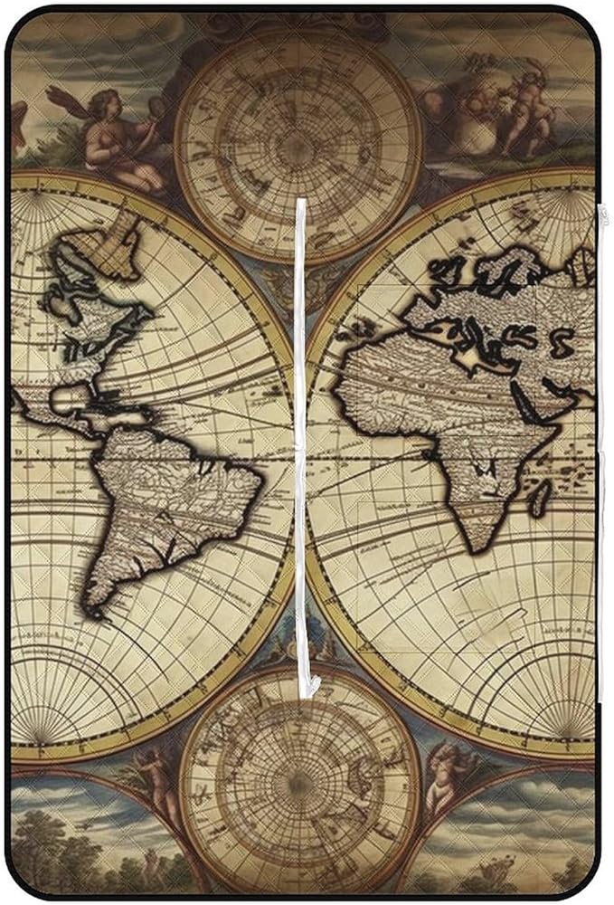 Zipper Ancient Map World Globe Style Picnic Mat Suitable for Travel Camping Park Or Home Use