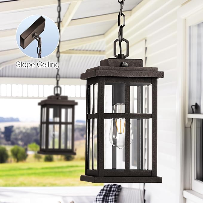 Brown Large Dusk to Dawn Outdoor Pendant Light Outside Hanging Lights with Tempered Glass 100% Aluminum Anti-Rust Outdoor Ceiling Light for Porch House Doorway Waterproof E26 Socket