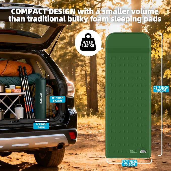 KASIMO Memory Sleeping Pad for Camping 3 Compact Ultra-Thick Foam Sleeping Mats with Pillow 9.5 R-Value Insulated Camping Mattress Pad or Car Travel Backpacking TentHome