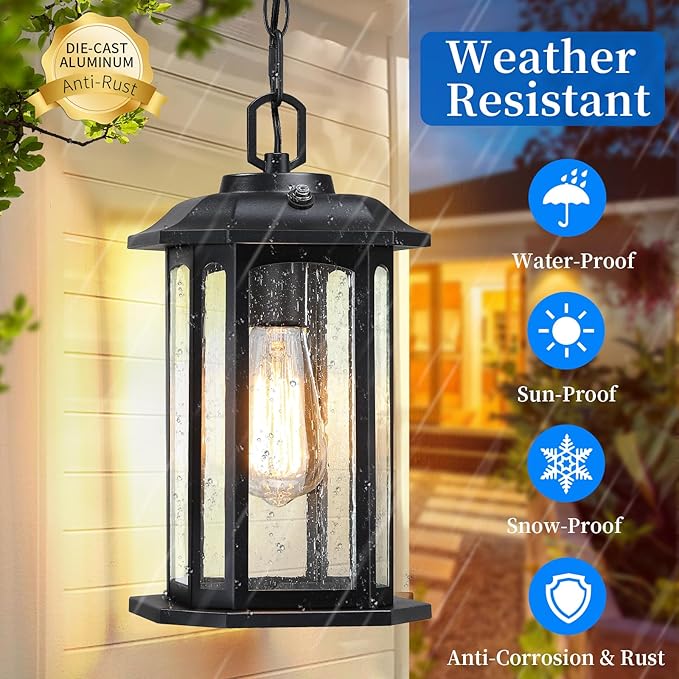 13.4'' Dusk to Dawn Outdoor Pendant Lights for Porch Black Hanging Porch Light with Seeded Glass Waterproof Outdoor Chandelier Farmhouse Ceiling Light Fixture Lanterns 1Pack