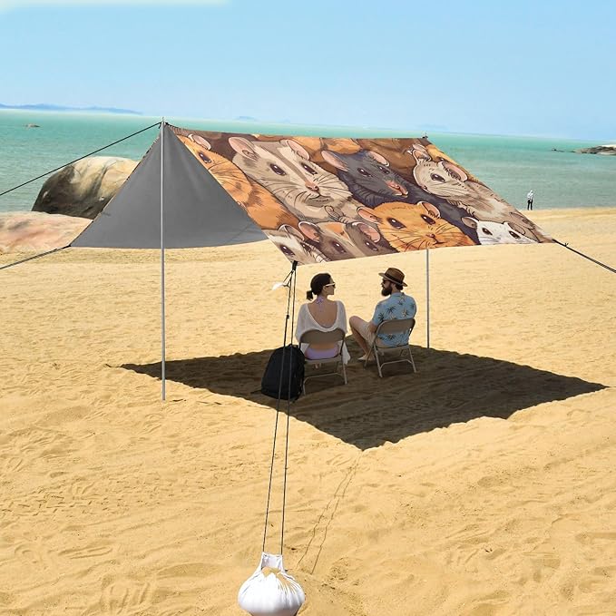 Cute Hamsters Beach Tent Sun Shelter 9.2' x 10.5' Beach Canopy with 4 Sandbags 4 Stability Poles Sand Shovels - Tent Canopy for Beach Camping Fishing Picnics