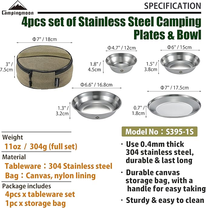 CAMPINGMOON Camping Tableware Set Stainless Steel Camping Plates Bowl Stackable Outdoor Dinnerware Canvas Carry Case Camping Hiking Picnic