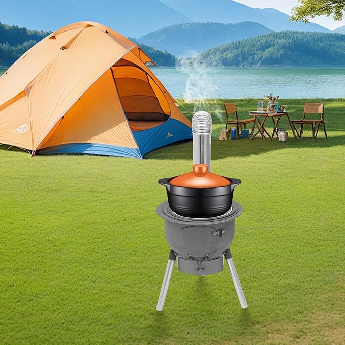 Multifunction Wood Burning Stove With Grill Rack Camping Wood Stove Large Charcoal Grill With Grill Rack For Outdoor/Backyard Cooking Picnic And Barbecue. (Silver- Grey-16.9in+ 3 Wok Rings)