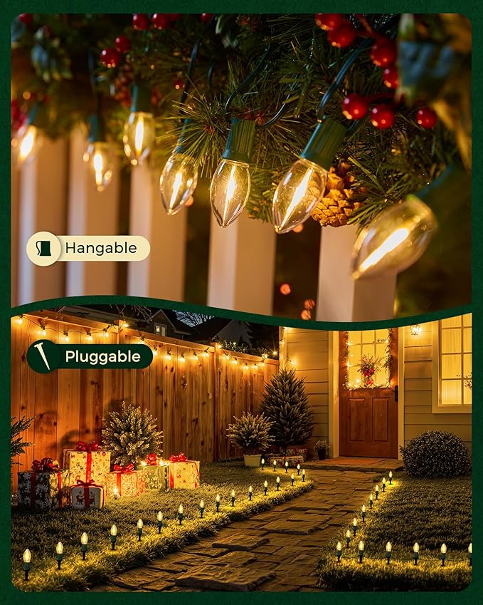 C9 Christmas Lights Outdoor 4 Packs Total 102.8 Ft 80 Bulbs Christmas Pathway Lights Waterproof Walkway Lights for Outside Driveway Sidewalk Outdoor Decorations Yard Clear