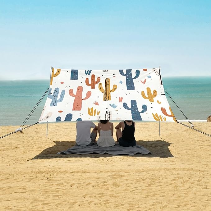 Colorful Cactus Beach Tent Sun Shelter 9.2' x 10.5' Beach Canopy with 4 Sandbags 4 Stability Poles Sand Shovels - Tent Canopy for Beach Camping Fishing Picnics