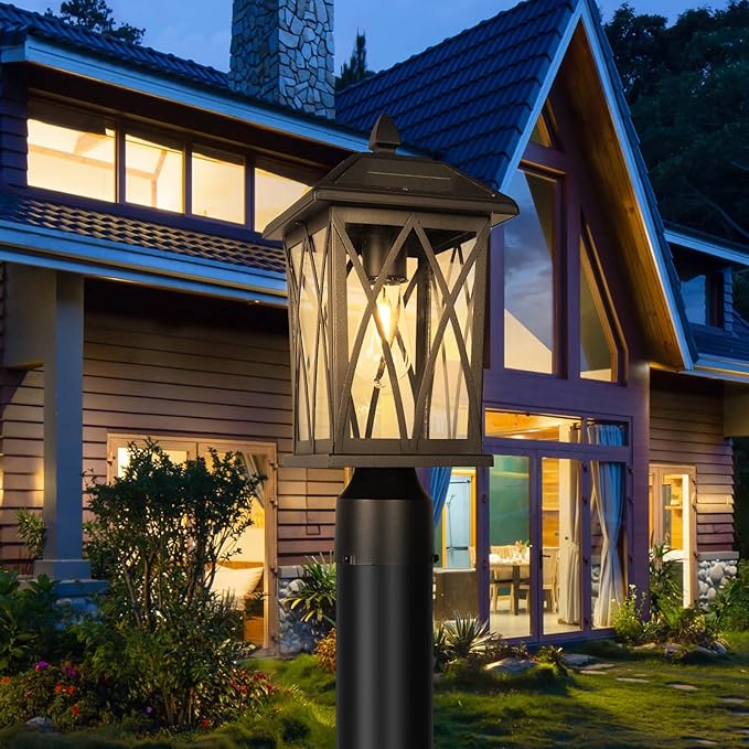 Treekee Solar Outdoor Post Light Black Rustic Outside Pillar Lantern with Clear Glass Waterproof LED Solar Powered Lamp for Patio Garden Pathway Porch Garage Fence 2 Pack (Bulb Included)