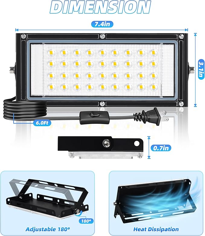 30W Flood Light Outdoor with Plug 3600LM Exterior Security Lights with 6ft Cable 5000K Daylight White LED Work Light IP66 Waterproof Exterior Floodlight for Yard Garage Stadium Garden patio 2 Pack