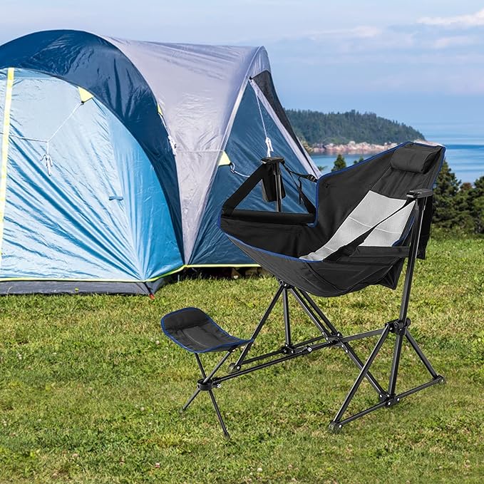 KOTEK Hammock Chair Portable Camping Chair with Retractable Footrest Adjustable Backrest Headrest Cup Holder &amp Carry Bag Folding Rocking Chair for Outdoor Lawn Patio Travel Picnic Fishing (Bl