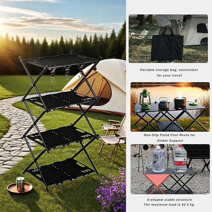 Folding Camping Table Portable Multi-Functional 4-Tier Picnic Rack Carbon Steel 37 with Storage Bag and 4 Hooks Indoor Outdoor Heavy Duty Portable for Picnic Party Camping