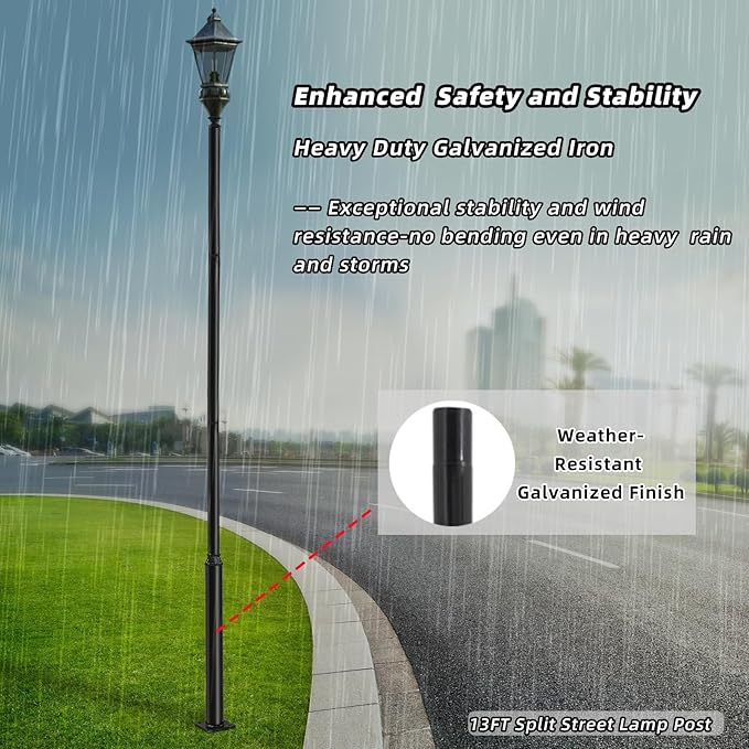 Street Light Pole 13ft Tall Galvanized Split Street Lamp Post for Outdoor Street Courtyard Parking Lot Lighting Post Fixtures with Mounting Ground Cage (13FT 114+76mm)
