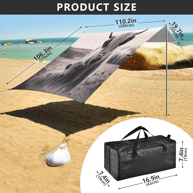 Highland Cattle Beach Tent Sun Shelter 9.2' x 10.5' Beach Canopy with 4 Sandbags 4 Stability Poles Sand Shovels - Tent Canopy for Beach Camping Fishing Picnics