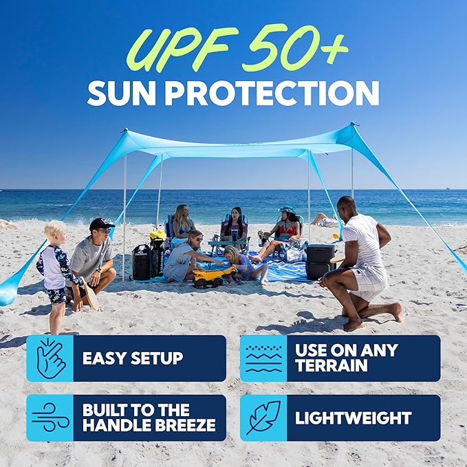 Sun Ninja Beach Tent Sun Shelter UPF50+ - Easy Pop Up Beach Canopy - Outdoor Shade for Camping Trips Fishing Backyard Fun Picnics - Sand Shovel Ground Pegs &amp Stability Poles