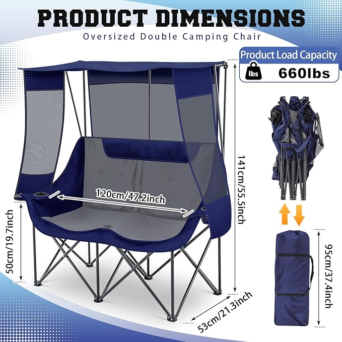 Double Camping Chair with Canopy Shade 660lbs Heavy Duty Beach Chair Portable Folding 2 Person Camping Loveseat with Cup Holder and Storage Bag for Lawn Beach Outdoor Sport(Blue and Grey)