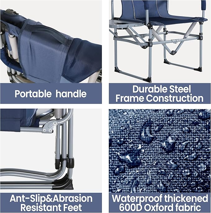 SHALLWE Oversized Director Chairs No Assembly Heavy Duty Folding Chair with Side Table for Camping Fold Up Outdoor Lawn Chairs for Adults Navy
