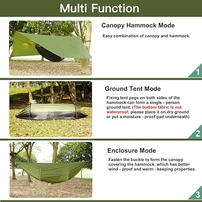 3-in-1 Camping Hammock Tent with Rain Fly Quick-Zip Door &amp Curved Poles – Lightweight Shelter with Mosquito Net