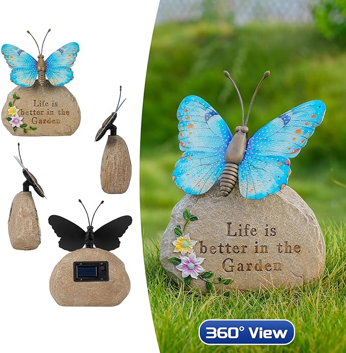 Solar LED Butterfly Garden Statue with Sparkling Light-Up Wings - Outdoor Yard Patio Decor Figurine for Women Mom Grandma (Blue)