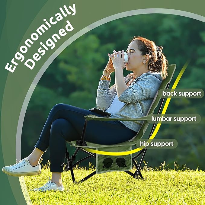 HaSteeL Folding Beach Chair Set of 2 Foldable Green Camping Chairs for Outside Low Beach Chair Portable for Adults Fishing Picnic Outdoor BBQ Travel Sports Cup Holder &amp Storage Bag