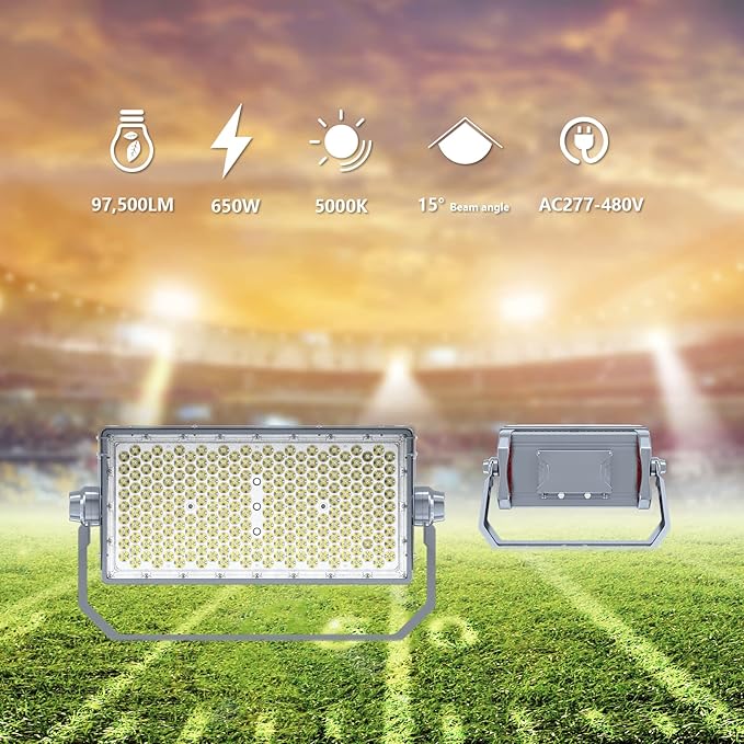 650W LED Stadium Flood Light 975000 Lumens Sports Outdoor Light 277-480V IP66 Waterproof 5000K Daylight 0-10V Dimming with Beam Angle 15° DLC/ETL Listed