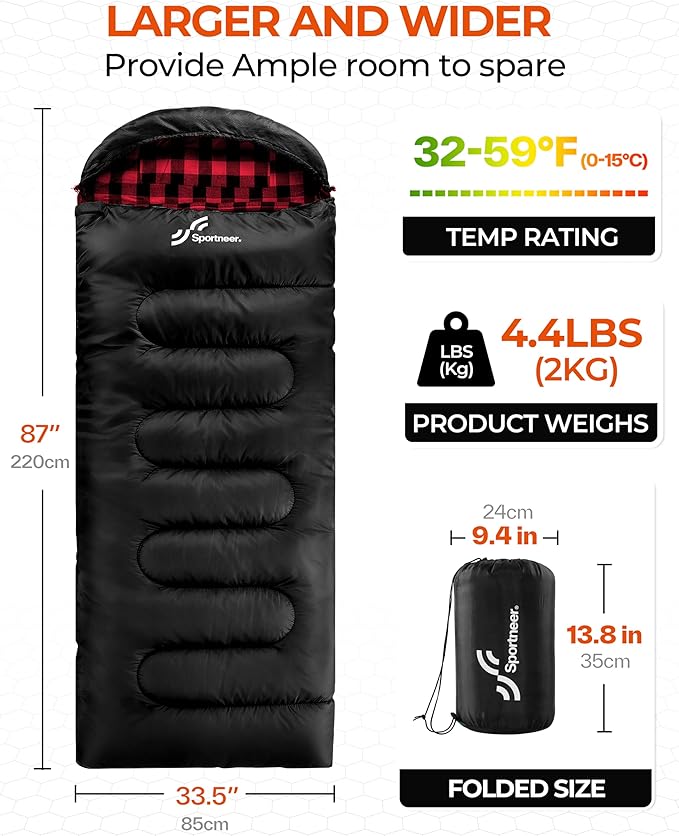 Sportneer 0 Degree Sleeping Bag for Cold Weather XL Winter Sleeping Bag for Adults Flannel Lined Camping Sleeping Bag 32°F–59°F Rated 87 x 33.5 4.4 lbs Detachable Hood Compression Sack