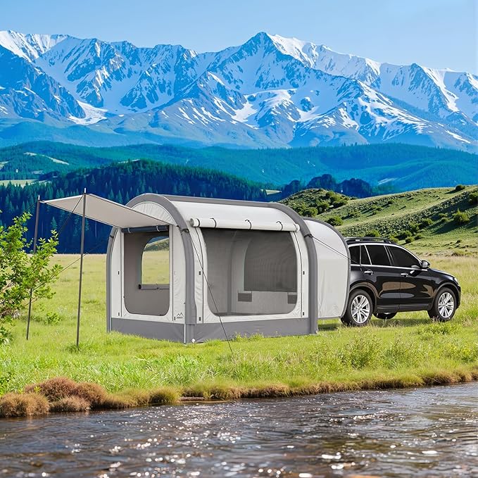 Inflatable SUV Tent for Camping Large Quick Setup Blow Up Tents 6-Person Tent with Detachable Car Attachment Tents with Storage Bag &ampProjection Screen Waterproof