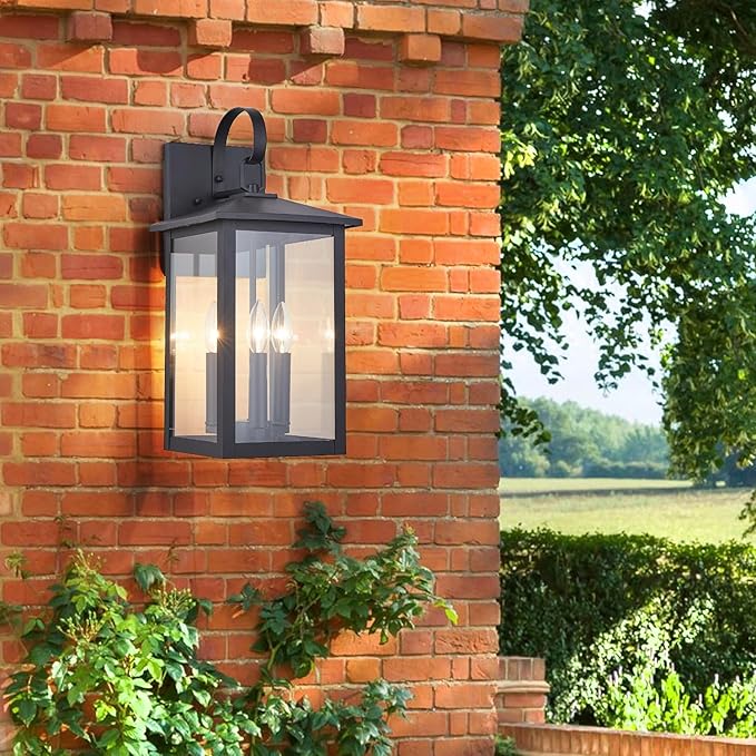 3-Light 9 inches Wide 20.5 inches High Large Wall Lantern Light with Textured Black Finish and Clear Glass New Traditional Outdoor Wall Lights for a Porch Patio Garage Barn Foyer