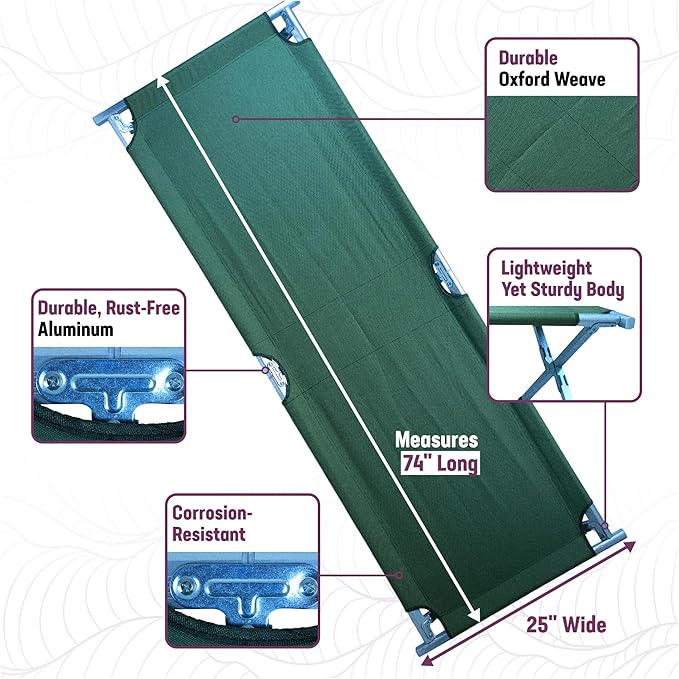 Kemp USA Aluminum Military and Camping Portable Folding Cot Stretcher Green
