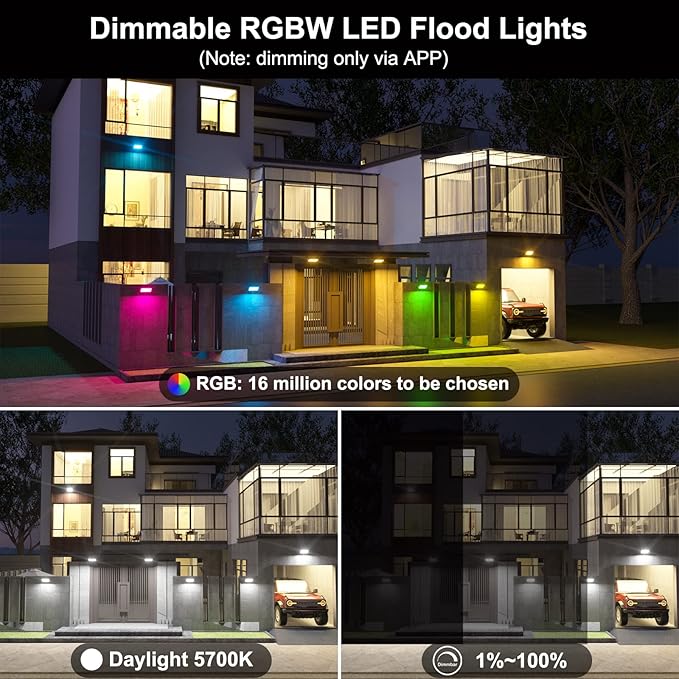Flood Lights Outdoor RGB with Stake 500W Equivalent Smart Color Change &amp Daylight 5700K Landscape Light IP66 Patio Lights via App Control Indoor Ambient Lighting DIY Scenes/Music Sync/Timing-4