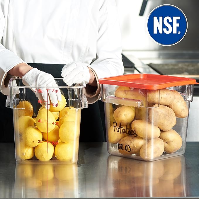 CURTA 8-Pack 8 Qt NSF Clear Polycarbonate Food Storage Containers with Red Lids - Square Commercial-Grade Freezer &amp Dishwasher Safe Stackable