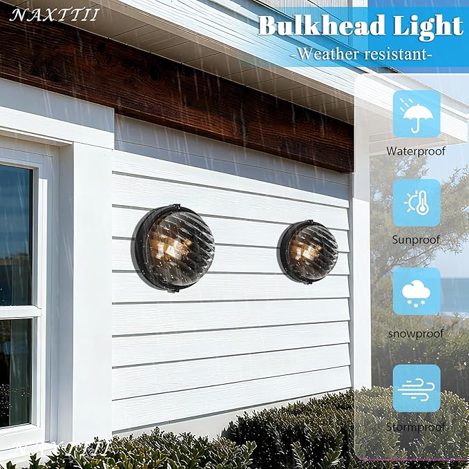 10 Inch Bulkhead Light Aluminum Sauna Light with Thickened Clear Glass Waterproof Outdoor Bulkhead Wall Light for Porch Basement Balcony E26 Socket 2-Pack