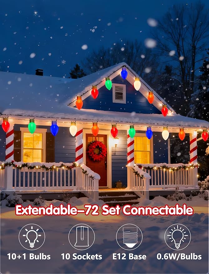 Giant Outdoor Christmas Lights16ft Jumbo Christmas Lights String Lights with 10 Large Multicolored BulbsConnectable Outdoor Decorations Lights for Porch Garden Eave Xmas Trees Roof Decor