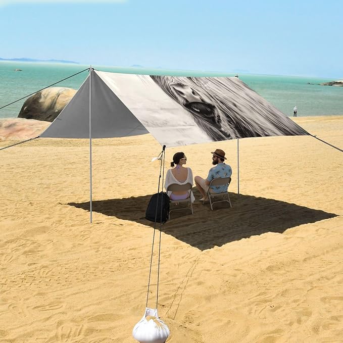 Highland Cow Gray Beach Tent Sun Shelter 9.2' x 10.5' Beach Canopy with 4 Sandbags 4 Stability Poles Sand Shovels - Tent Canopy for Beach Camping Fishing Picnics