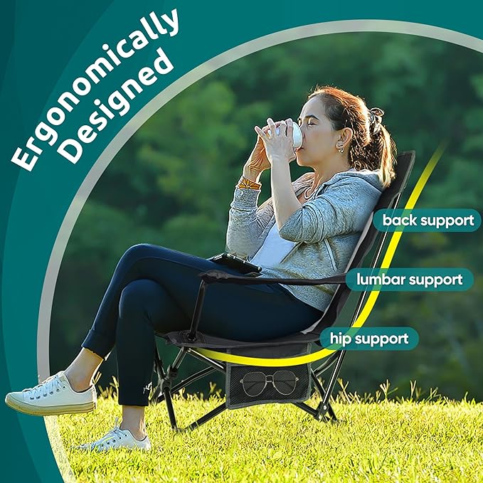 HaSteeL Folding Beach Chair Set of 2 Foldable Black Camping Chairs for Outside Low Beach Chair Portable for Adults Fishing Picnic Outdoor BBQ Travel Sports Cup Holder &amp Storage Bag