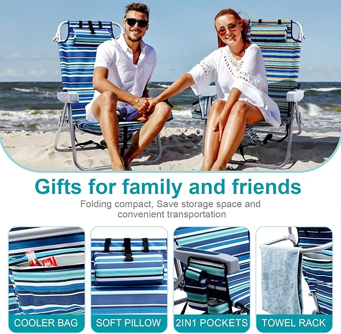 Beach Chairs for Adults Heavy Duty Compact Portable Lay Flat Folding Chair with Backpack Straps and Large Cooler Pouch Support to 350LBS (Stripes_Blue&ampCyan)