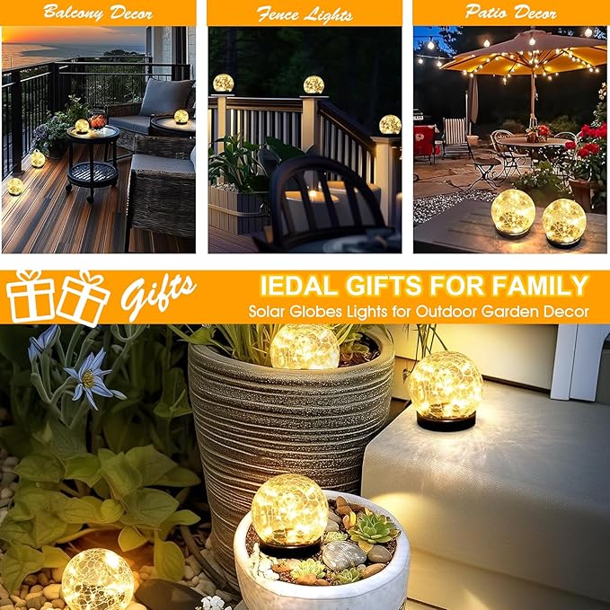 Solar Globes Outdoor Waterproof 4.88''Cracked Glass Solar Lights Outdoor Bright Up to 14HIP65 Waterproof Globe Light for WalkwayPatioLandscapePathGarden Warm White (4)