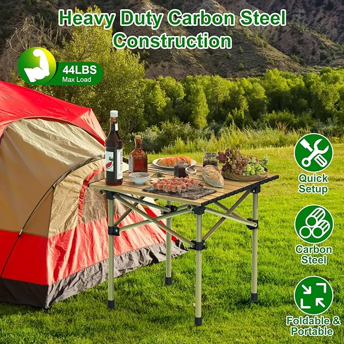 Folding Camping Table Portable Lightweight Carbon Steel Roll-up Picnic Table BBQ Desk with Carry Bag Heavy Duty for Outdoor Beach Camping Picnic Backyard Party Patio BBQ Fishing